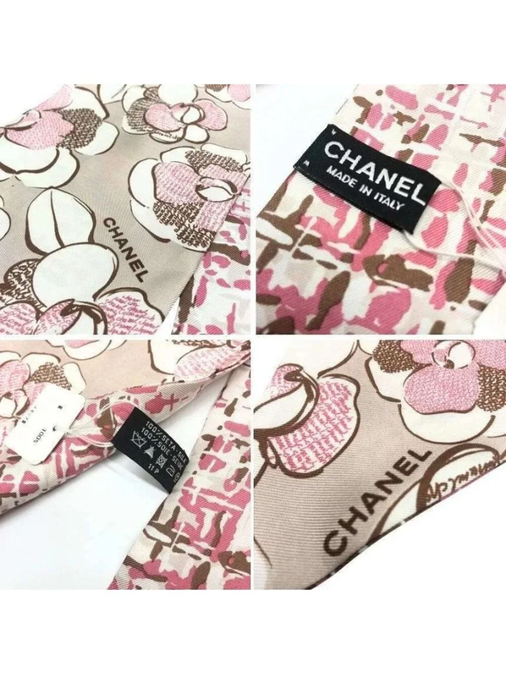 Chanel Thai Scarf Ribbon Camellia Tweed Flower Pink Beige Reversible Silk